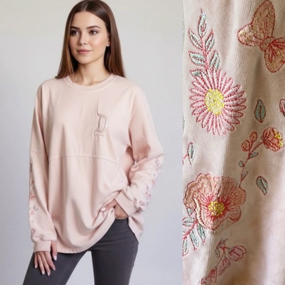 Disney Tops - Disney Parks Peach Floral Sleeve Velour Embroidered Disneyland Spirit Jersey XS